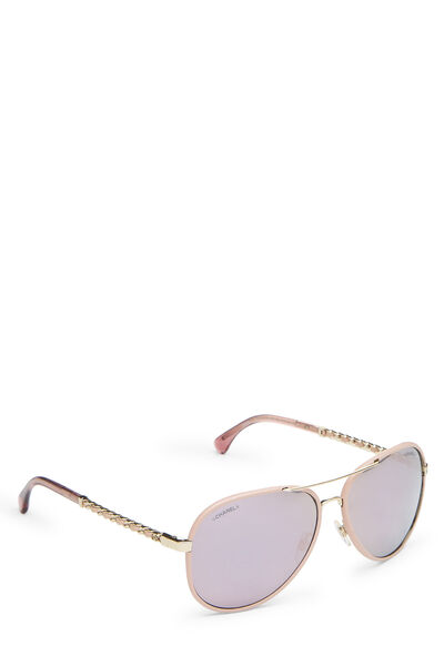 Pink Leather & Chain-Link Aviator Sunglasses, , large