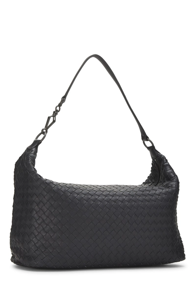 Navy Intrecciato Leather Shoulder Bag, , large