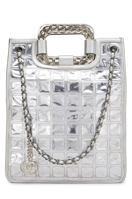 Chanel Metallic Silver Quilted Leather Ice Cube Shopping Tote