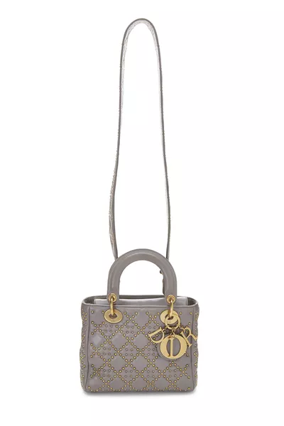Grey Studded Leather Lady Dior Small, , large