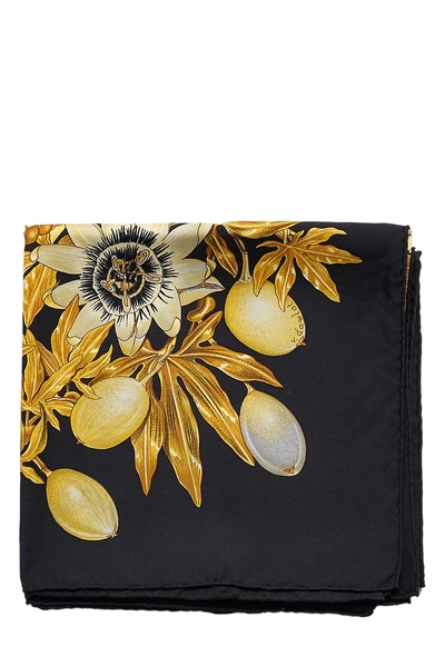 Black & Multicolor 'Passiflores' Silk Scarf 90, , large