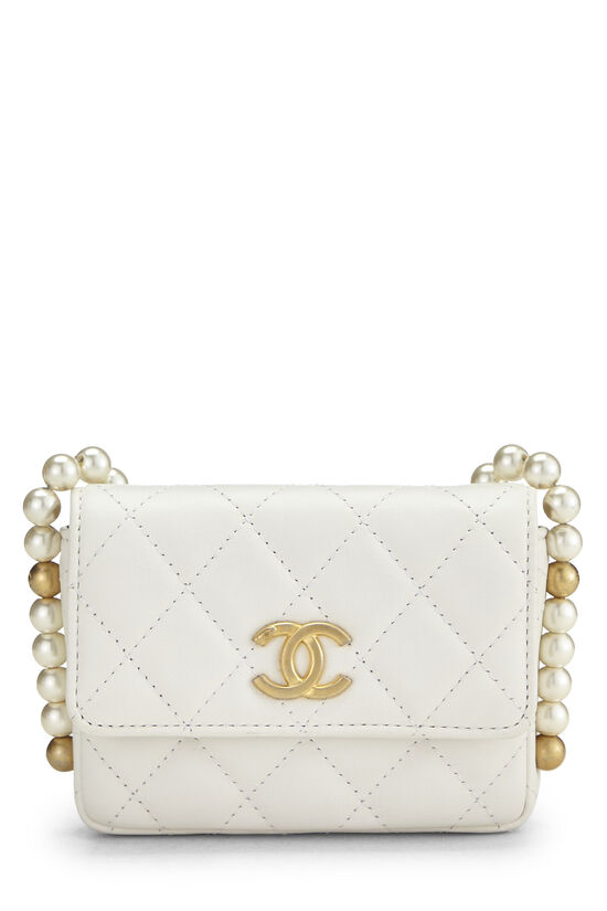 White Calfskin About Pearls Card Holder With Chain, , large image number 0