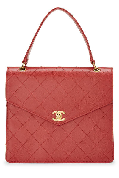 Red Quilted Caviar Envelope Flap Top Handle Bag