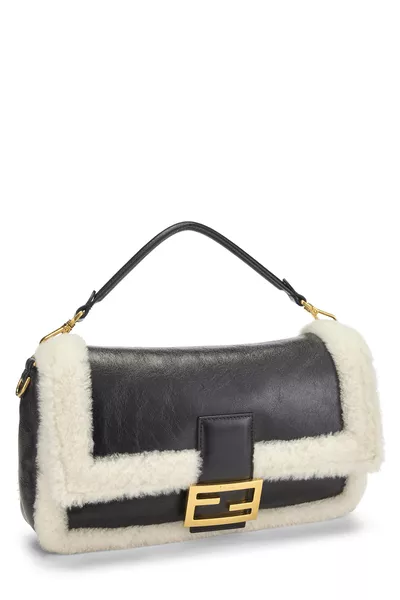 Black Shearling Convertible Baguette Medium, , large