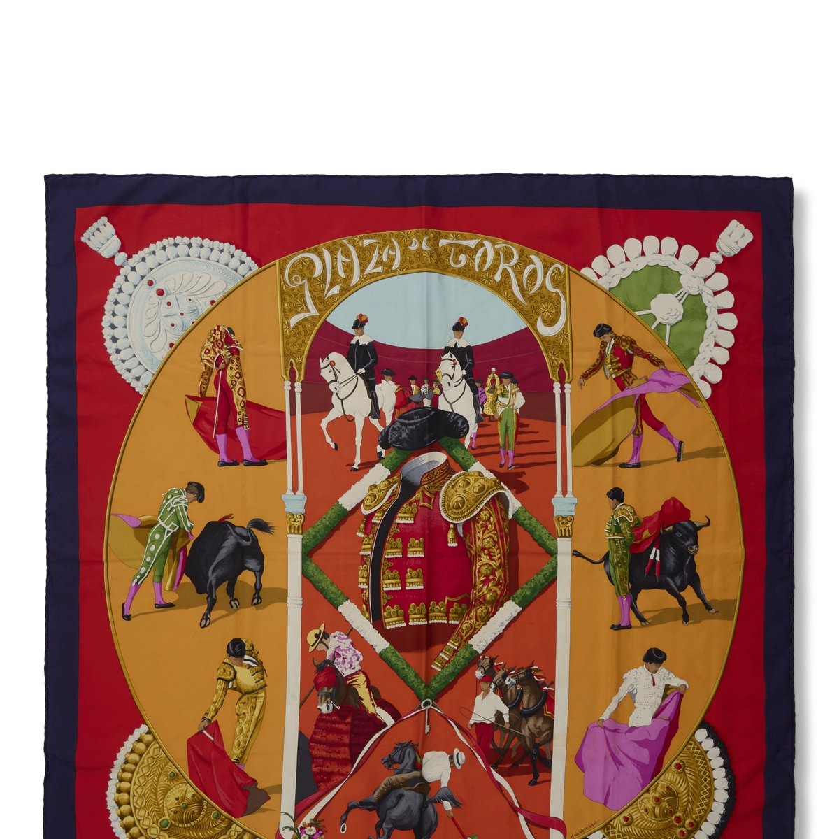 Hermès Navy & Multicolor 'Plaza de Toros' Silk Scarf 90