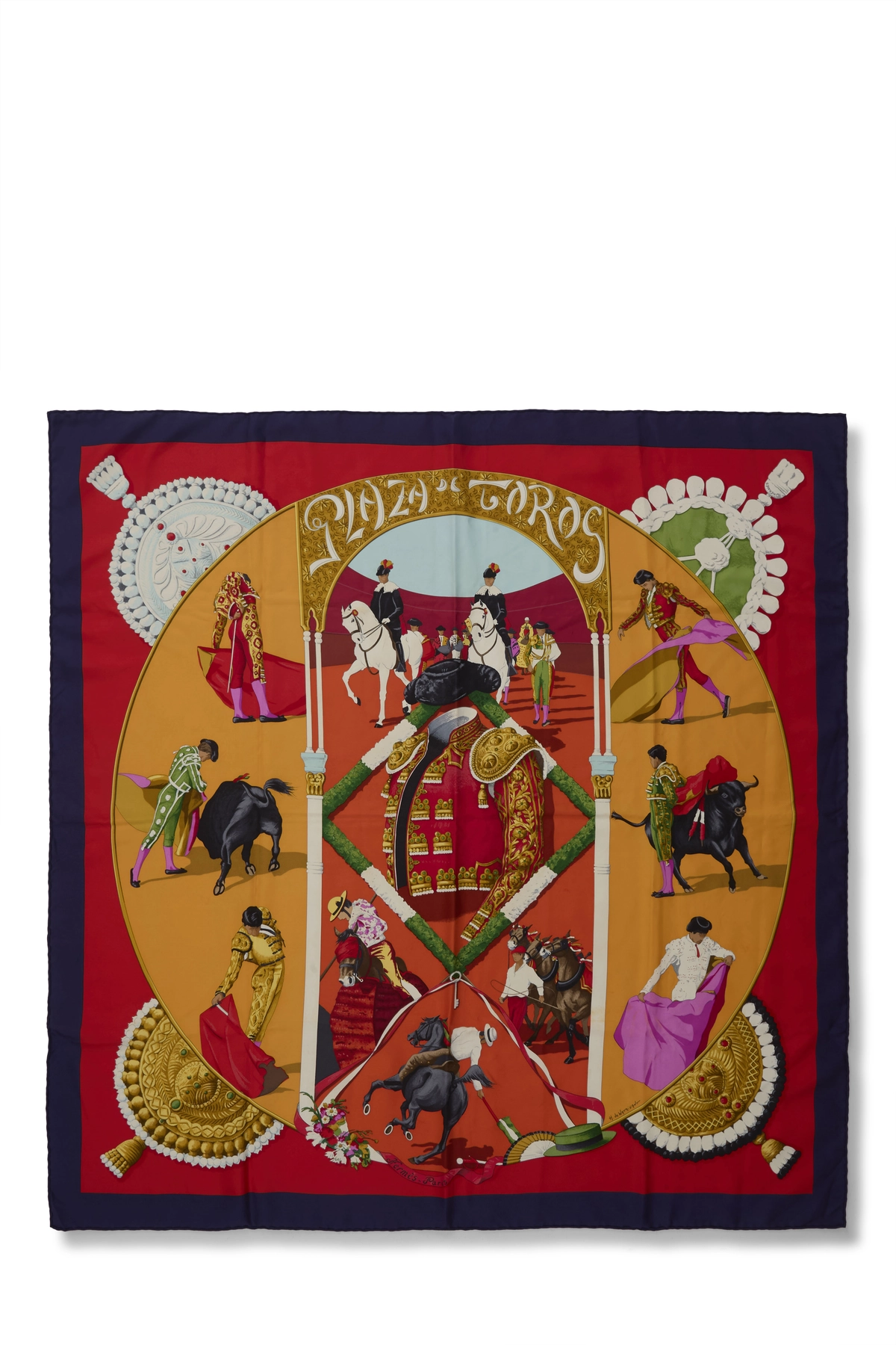 Navy & Multicolor 'Plaza de Toros' Silk Scarf 90
