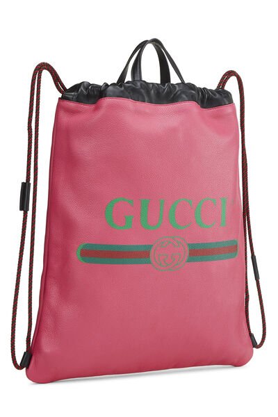 Pink Leather Logo Print Drawstring Backpack Large , , large