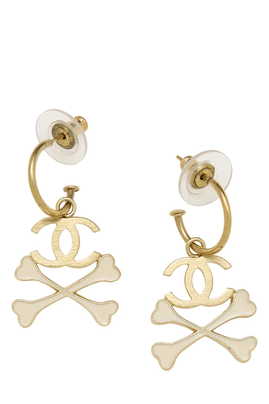 Gold & White Enamel 'CC' Crossbone Earrings, , large image number 0
