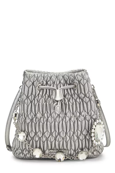 Silver Nappa Crystal Drawstring Bucket Bag