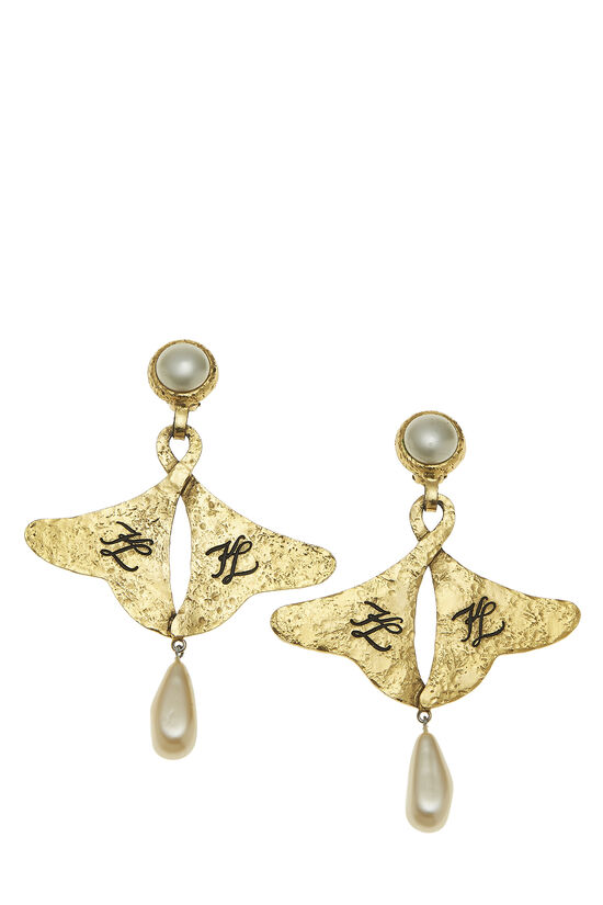 Gold 'KL' Faux Pearl Dangle Earrings, , large image number 0