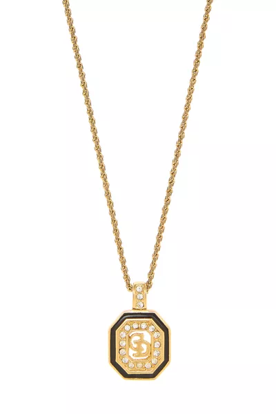 Gold Crystal 'CD' Plaque Pendant Necklace, , large