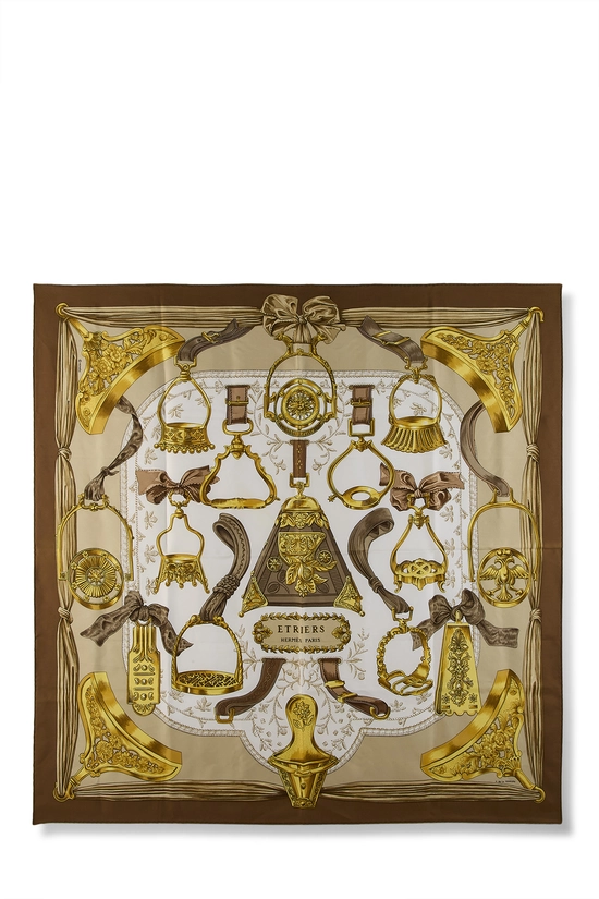HERMES　ETRIERS　(鐙) シルクスカーフ 大判ゴールド ブラウン Pre-Owned Brown & Multicolor 'Etriers' Silk Scarf 90 QGA0572N0A02Y