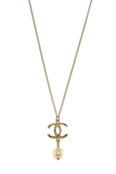 Gold Faux Pearl 'CC' Dangle Necklace Small, , large