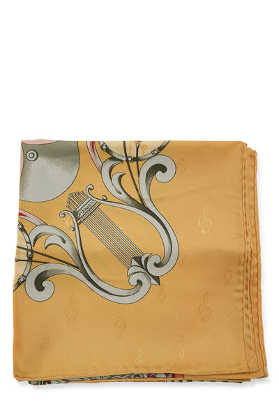 Yellow & Multicolor 'Orgauphone et Autres Mecaniques' Silk Scarf 90, , large