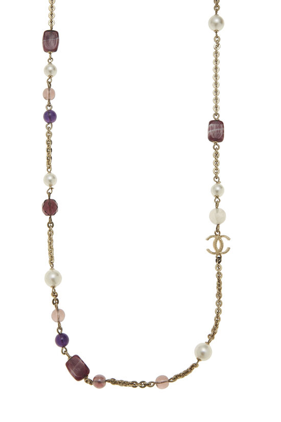 Purple & Faux Pearl 'CC' Necklace, , large image number 2