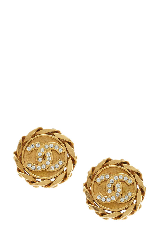 Gold & Crystal CC Chain Button Earrings, , large image number 1