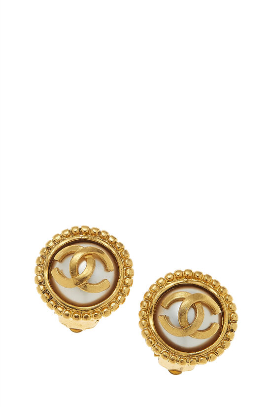 Gold & Faux Pearl 'CC' Earrings, , large image number 1