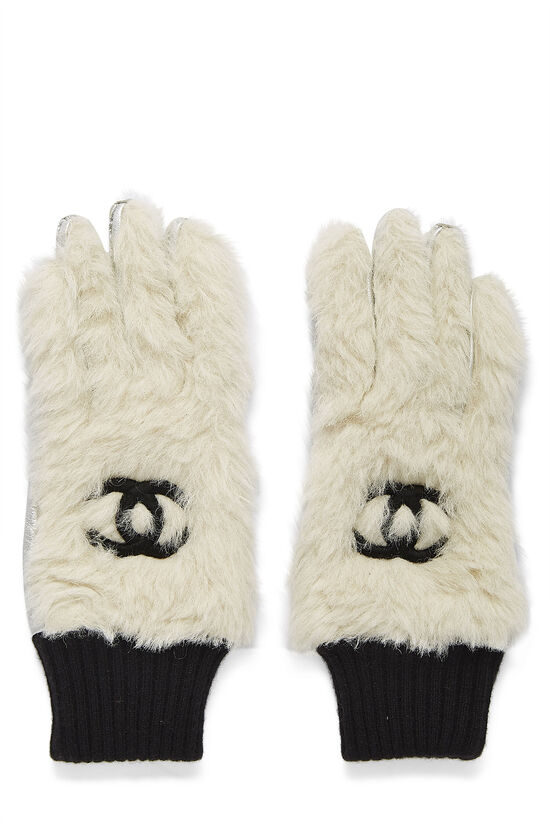 White Faux Fur 'CC' Gloves, , large image number 0