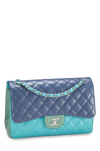 Blue & Green Quilted Lambskin New Classic Double Flap Jumbo, , large