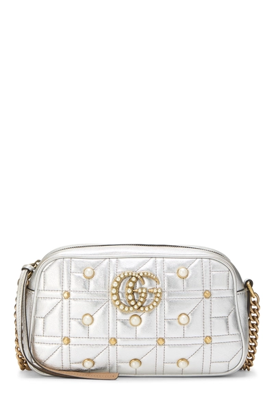 Gucci Silver Leather & Faux Pearl GG Marmont Crossbody Small