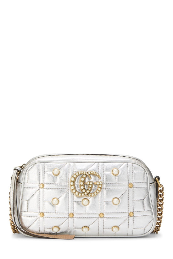 Silver Leather & Faux Pearl GG Marmont Crossbody Small, , large image number 0