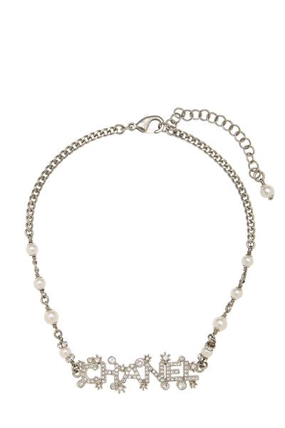 Silver Crystal & Faux Pearl Logo Choker