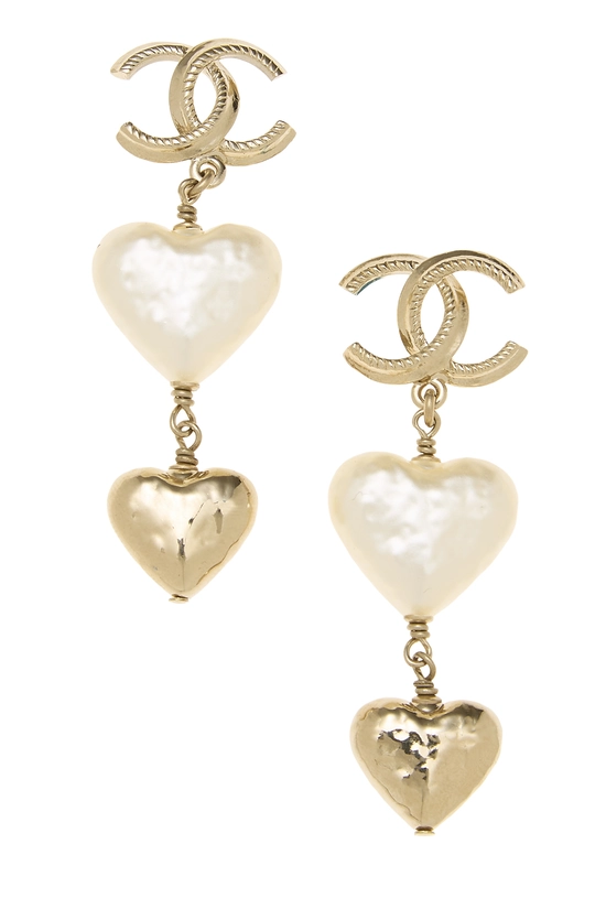 Gold Faux Pearl 'CC' Heart Dangle Earrings, , large image number 0