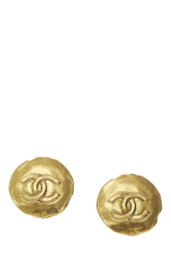 Gold Hammered 'CC' Earrings, , large image number 1