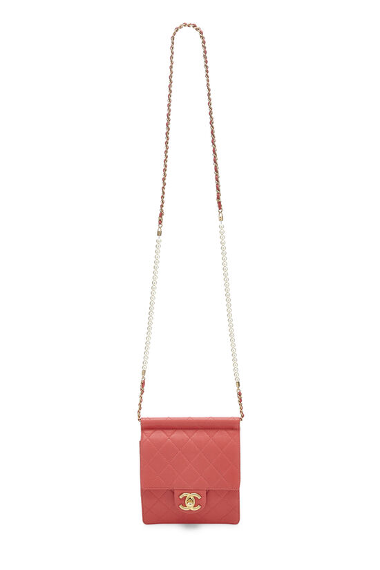 Chanel Red Quilted Lambskin Faux Pearl Chain Flap Bag