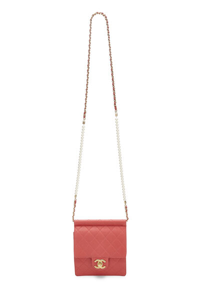 Red Quilted Lambskin Faux Pearl Chain Flap Bag, , large