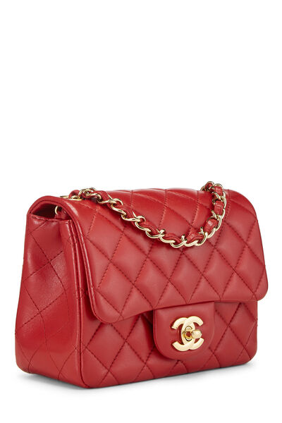 Red Quilted Lambskin Classic Square Flap Mini, , large