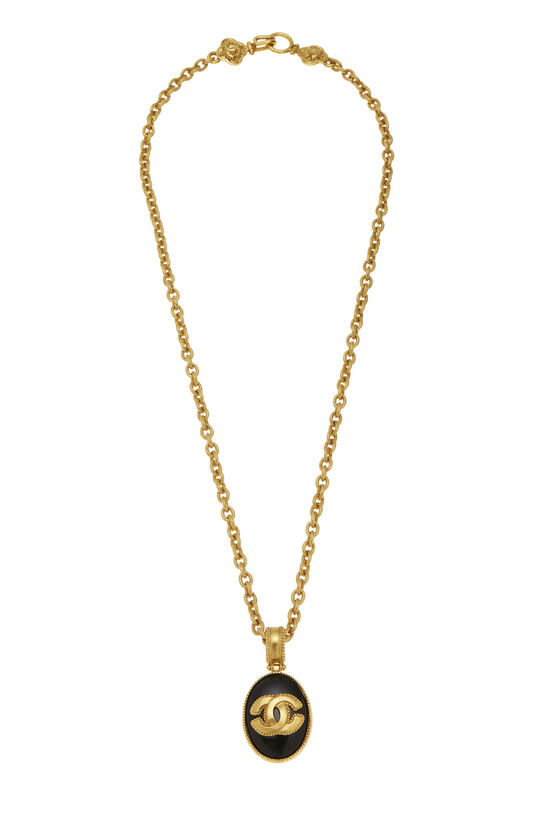 Gold & Black Enamel 'CC' Necklace, , large image number 0