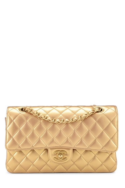 Iridescent Gold Quilted Calfskin Classic Double Flap Medium