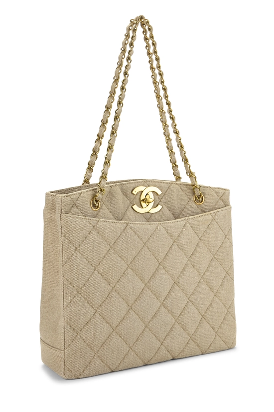 Beige Quilted Linen Turnlock Tote Large, , large image number 1