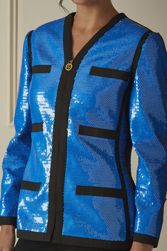 Blue Sequined Collarless Zip Blazer, , large image number 2