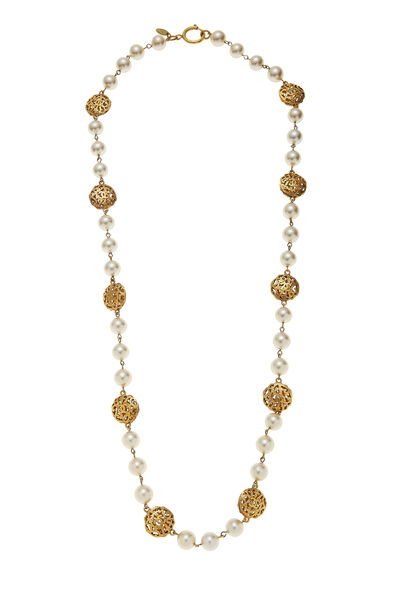 Gold & Faux Pearl Fretwork Long Necklace