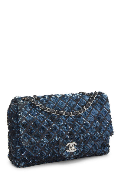 Blue Quilted Sequin Flap Bag Medium , , large