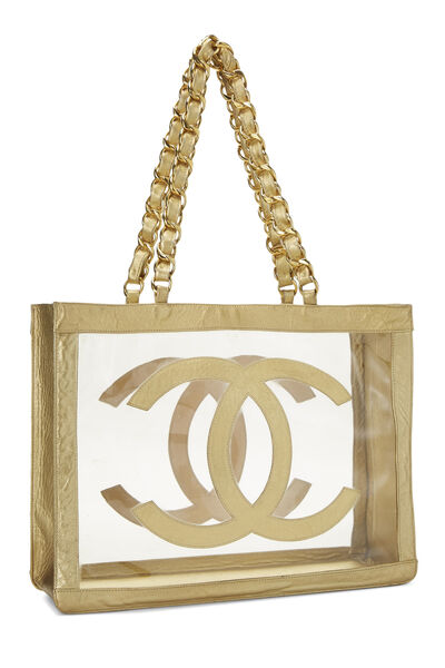 Metallic Gold Leather & Vinyl Flat Chain Tote, , large