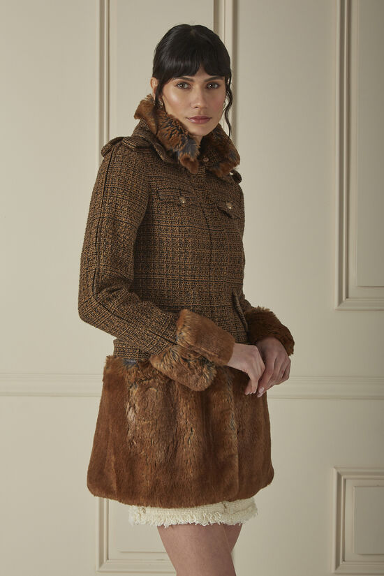 Brown Faux Fur-Trimmed Tweed Coat