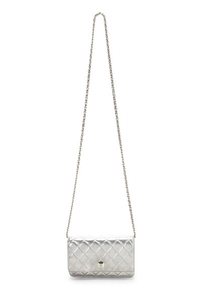 Metallic Silver Quilted Leather CC Wallet on Chain (WOC), , large