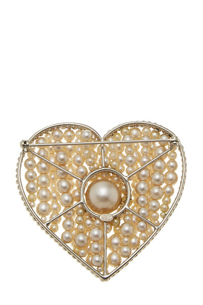 Gold & Faux Pearl 'CC' Heart Pin, , large