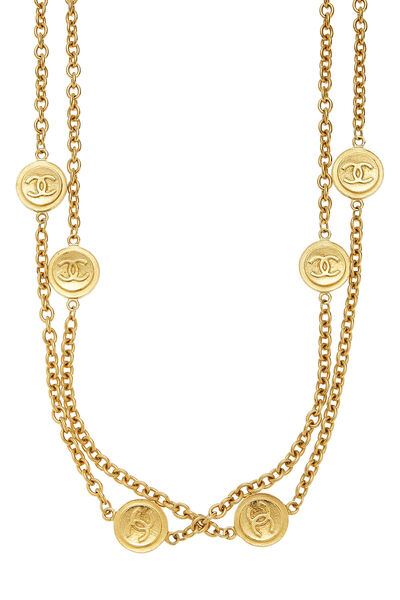 Gold 'CC' Stamped Long Chain Necklace, , large