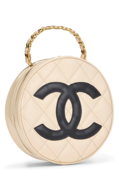 Beige Patent Leather Round 'CC' Handbag, , large
