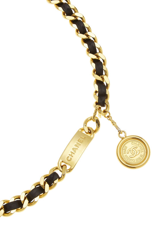 Gold & Black Leather 'CC' Medallion Chain Belt, , large image number 1