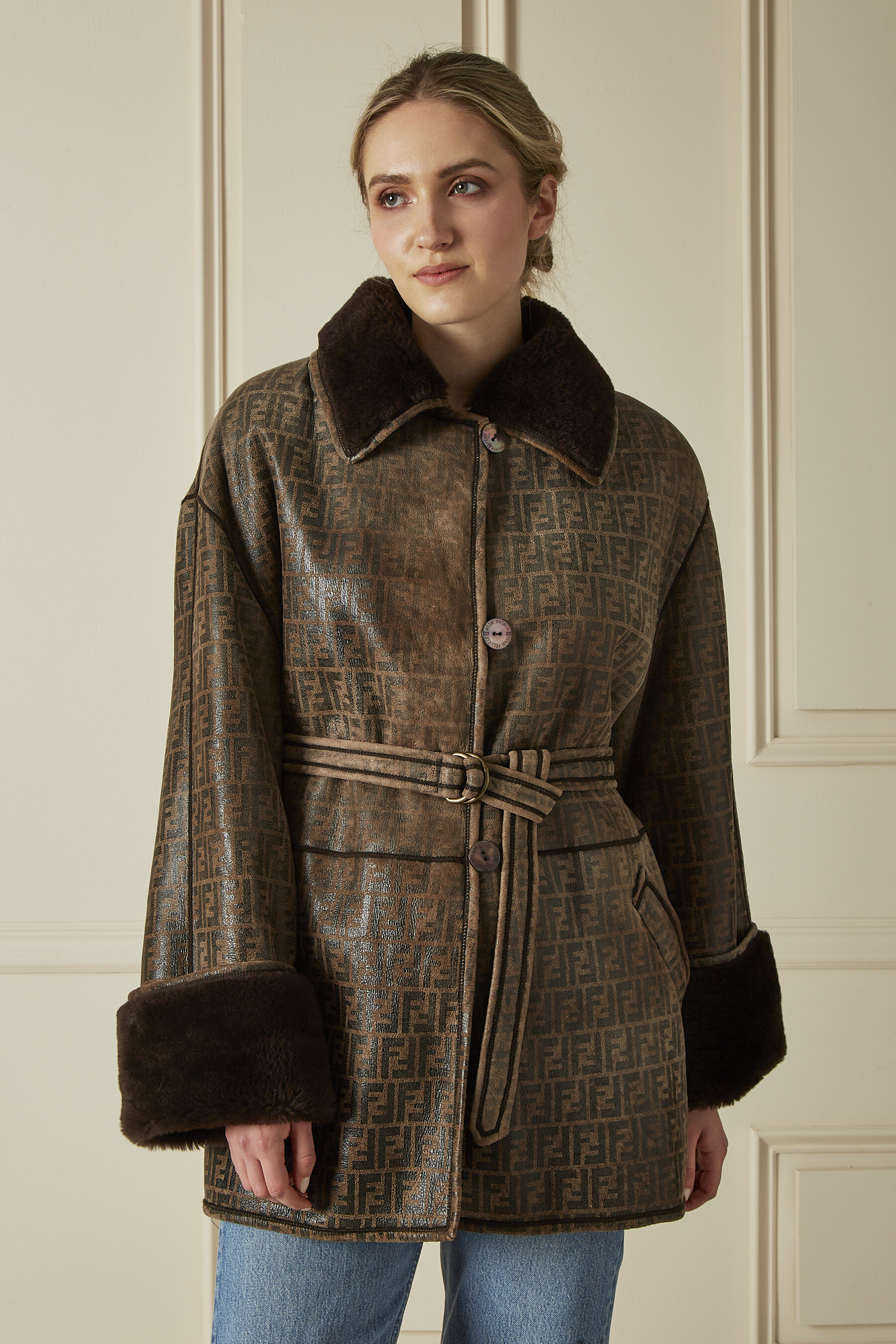 Brown Zucca Shearling Belted Coat