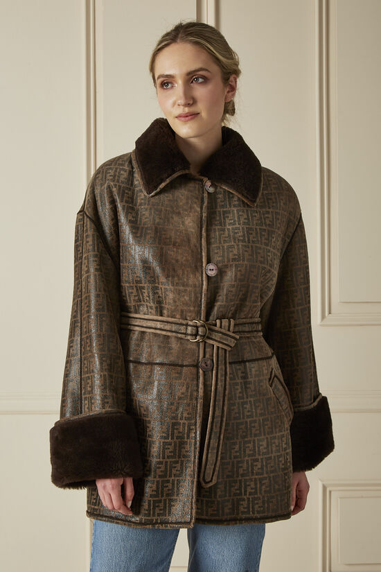 Brown Zucca Shearling Belted Coat, , large image number 1