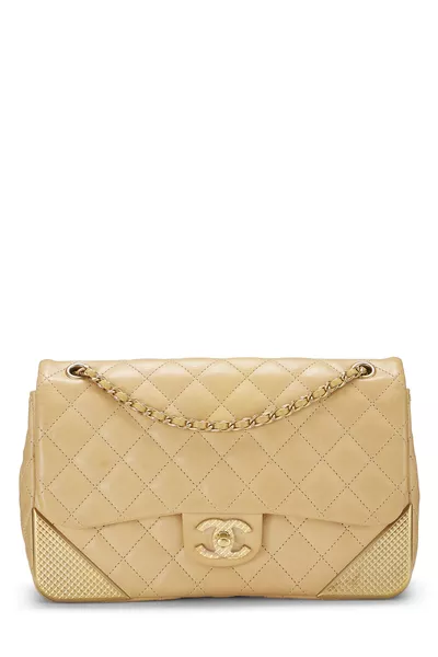 Paris-Cosmopolite Beige Chevron Lambskin Rock the Corner Flap Bag Medium