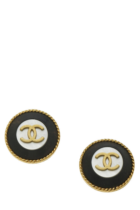 Gold & Black 'CC' Button Earrings, , large image number 1