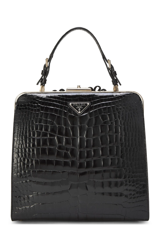 Black Embossed Leather Frame Top Handle Bag, , large image number 0