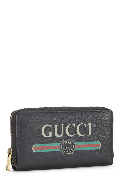 Black Leather Logo Print Zip Wallet, , large